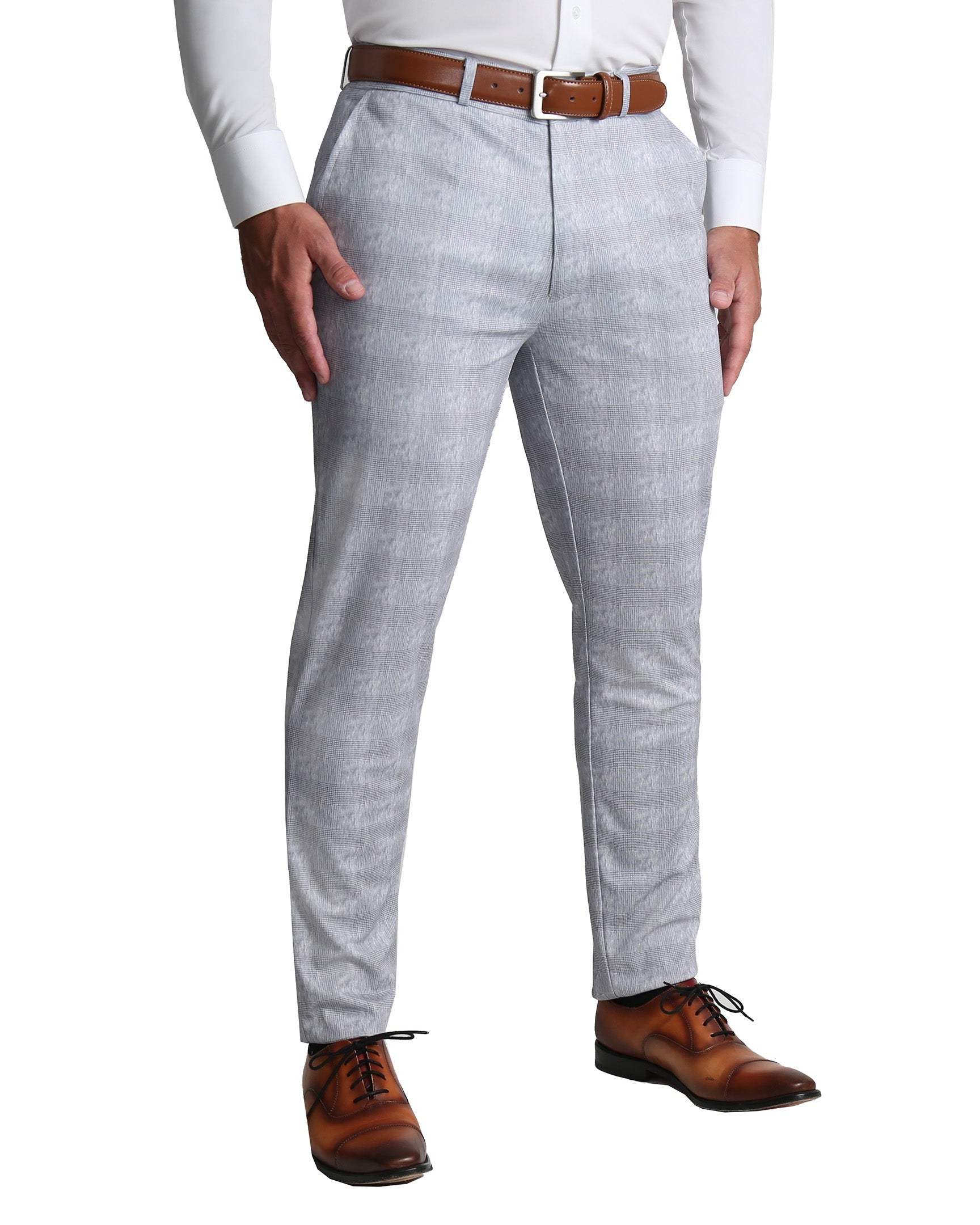 Athletic Fit Stretch Suit Pants Light Grey Plaid