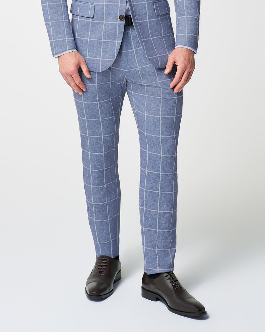 Athletic Fit Stretch Suit Pants - Textured Light Blue with White Windowpane 36W