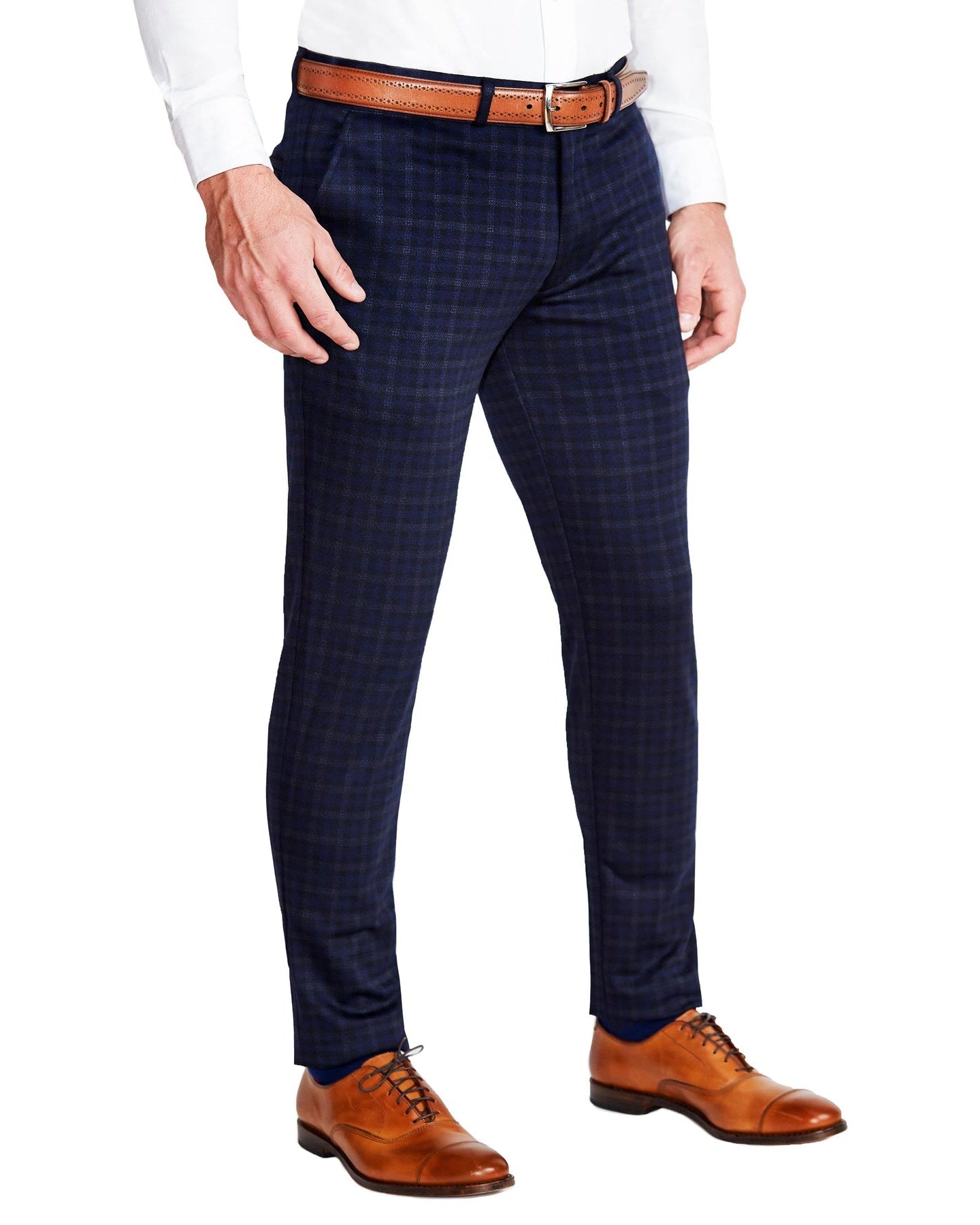 Athletic Fit Stretch Wool Suit Pants Blue Plaid