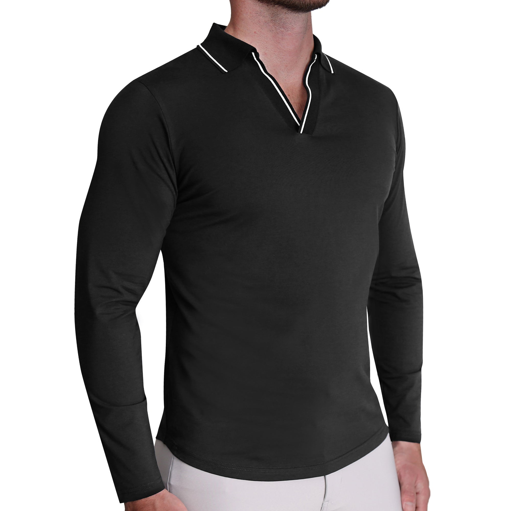 Tipped Long Sleeve Polo - Black with White